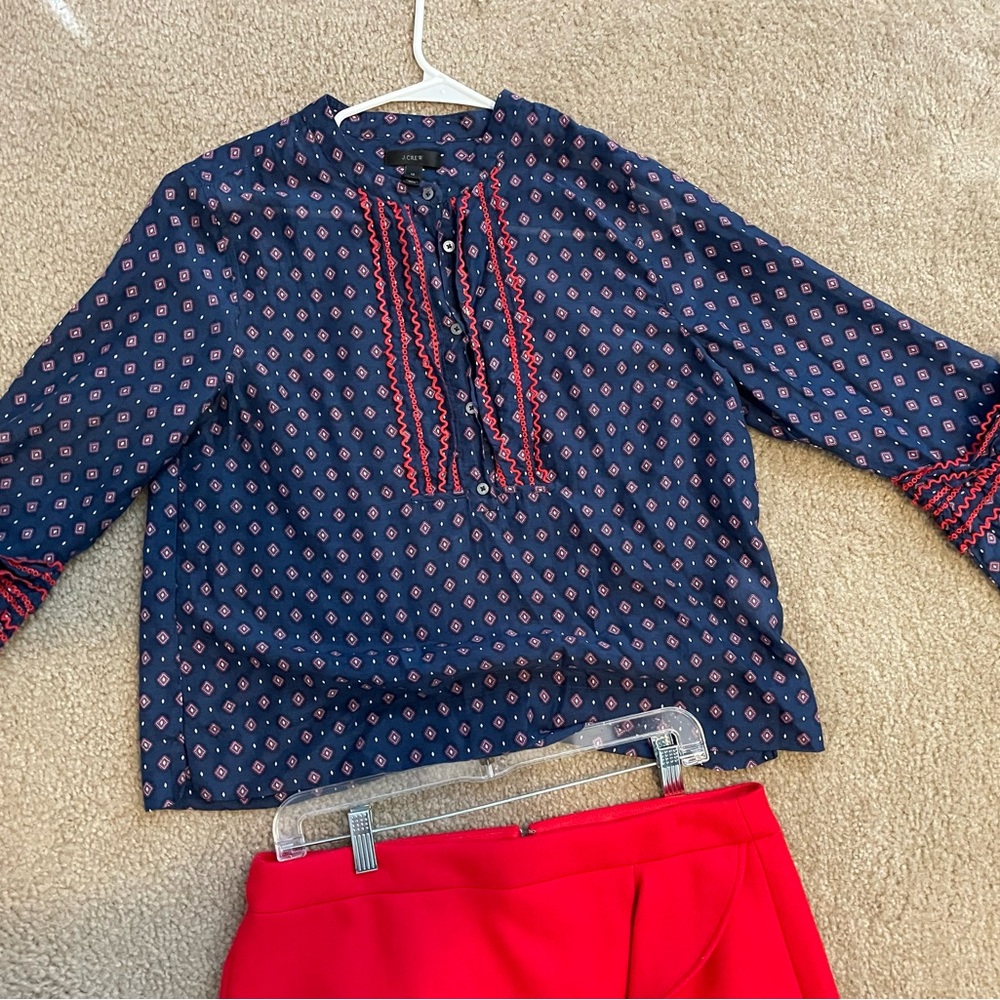 JCrew navy with red detail bell sleeve lightweight shirt.